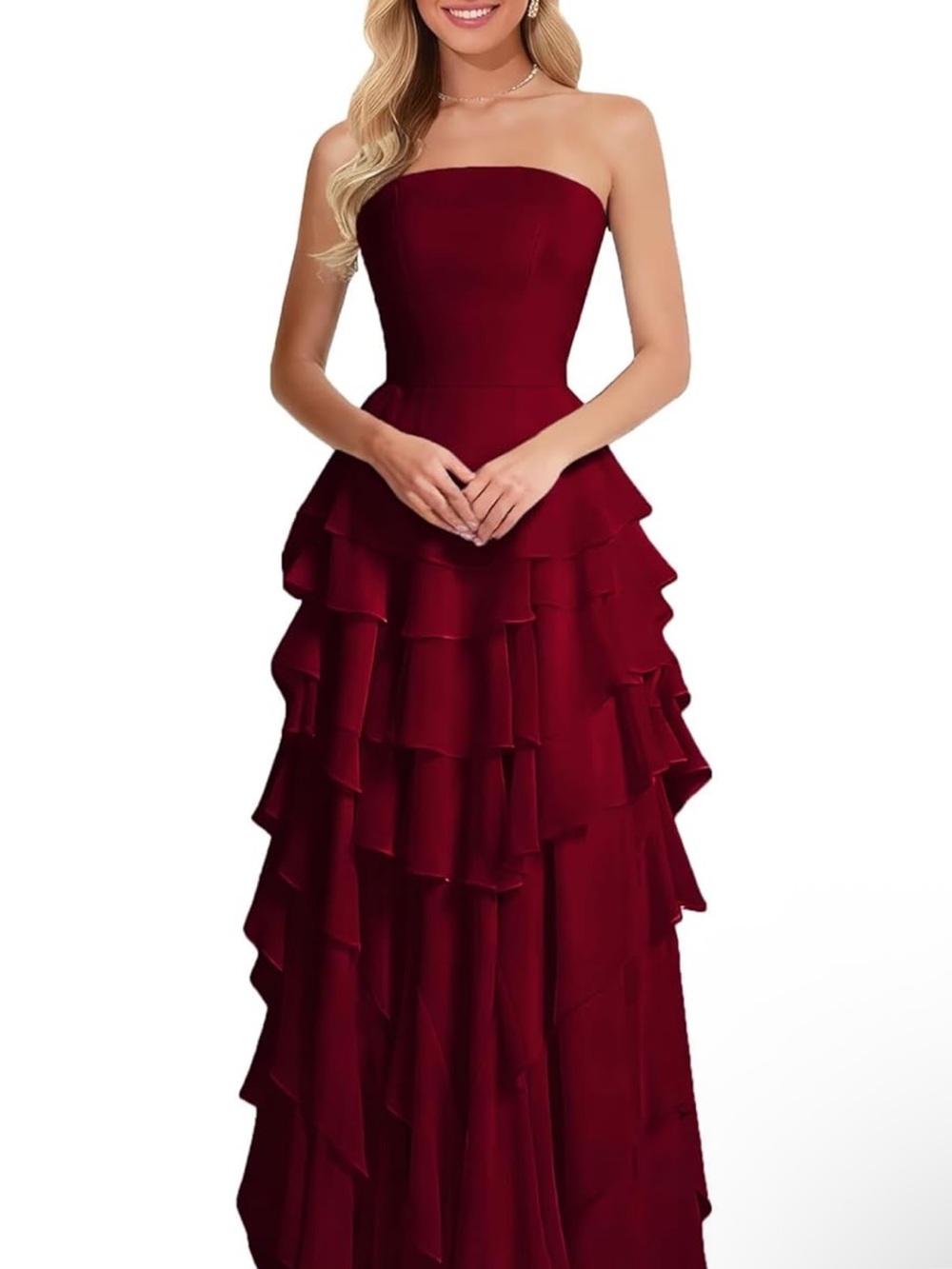Strapless Ruffled Tiered Evening Gown - Burgundy